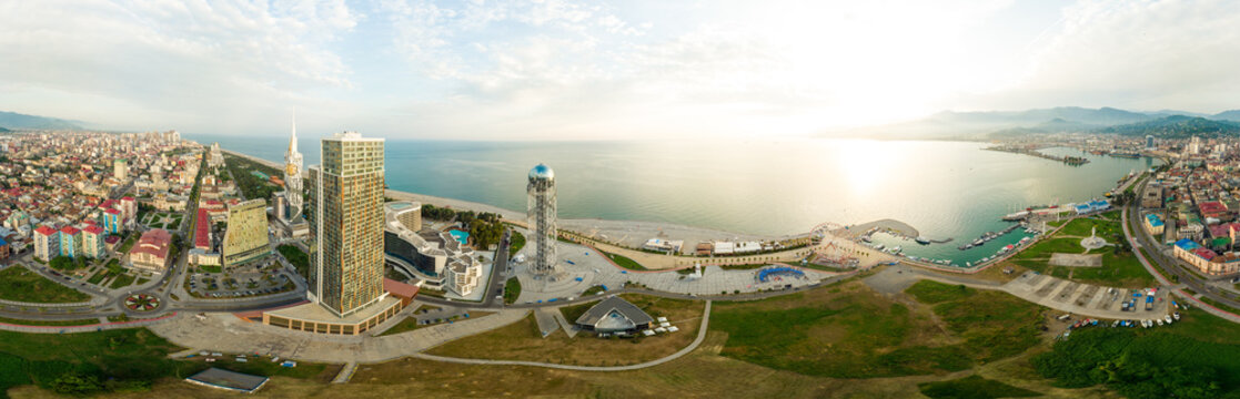 Fototapeta Aerial panoramic image of beautiful Batumi made with drone in sunny summer weather. Batumi is capital of Autonomous Republic of Adjara in Georgia