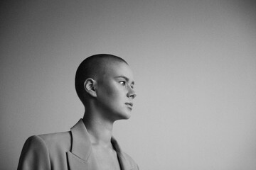 Portrait of a beautiful bald woman. Black and white shot.