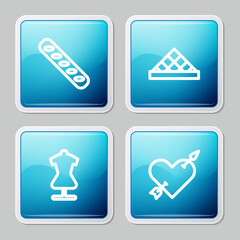 Set line French baguette bread, Louvre museum, Mannequin and Amour with heart and arrow icon. Vector