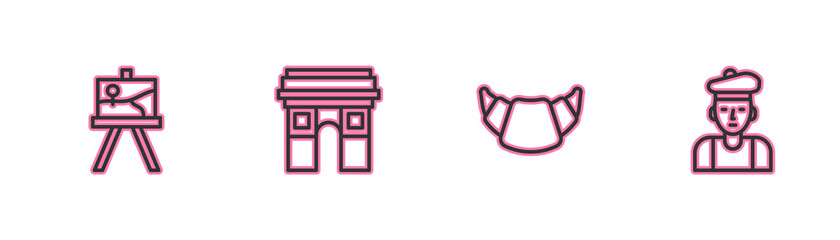 Set line Easel or painting art boards, Croissant, Triumphal Arch and French man icon. Vector