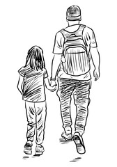 Fototapeta na wymiar Sketch of young man with his little daughter walking outdoors on summer day