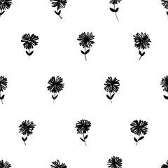 Seamless floral vector pattern with chamomile or daisy branches. Hand drawn black paint illustration with abstract floral motif. Graphic hand drawn brush stroke botanical pattern. Leaves and blooms.