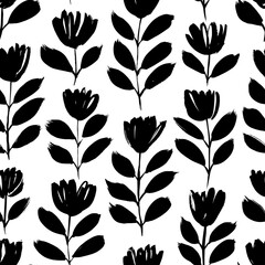 Small black brush flower vector seamless pattern. Hand drawn abstract botanical ink illustration. Chamomile or daisy branches painted by brush. Doodles for fabric, wrapping paper, wallpaper - 427053540