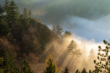 Dramatic scene of sun rays braking mist and clouds on a mountain peak
