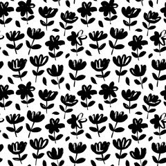 Brush black freehand leaves and flowers vector seamless pattern. Hand drawn black paint ink illustration with abstract floral motif. Hand drawn painting for your fabric, wrapping paper, wallpaper