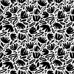 Behang Borstel zwarte losse bladeren en bloemen vector naadloze patroon. Hand getekend zwarte verf inkt illustratie met abstract bloemenmotief. Handgetekend schilderij voor uw stof, inpakpapier, behangontwerp © Анастасия Гевко