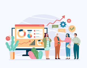 Boss character shaking hand to woman office worker winner colleague. Successful online business team concept. Vector flat graphic design illustration