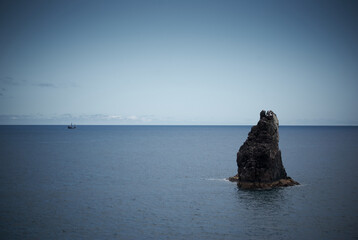 islet middle ocean, medieval ship passing by madeira island © guilherme