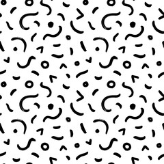 Seamless black and white chaotic design. Hand drawn vector rounded shapes and circles. Curved and curly grungy lines. Scribbled rough brushstrokes. Biological grunge squiggle lines, structure. 
