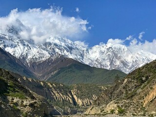 Fototapeta na wymiar Divine Himalayan mountain landscape Nepal. Annapurna conservation zone is Nepal's largest protected area in Annapurna range of Himalayas. Mustang district of Nepal.