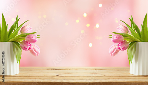 Happy Mother's day background with beautiful tulip flowers  on wooden table