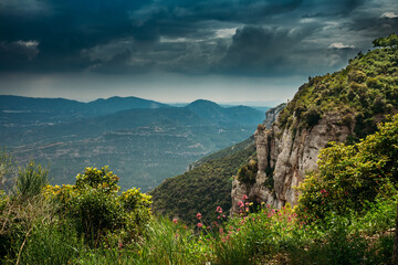 Catalonia, Spain. Montserrat Mountains Is Rocky Range Located Near City Of Barcelona, Spain.