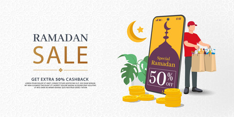 Ramadan Sale, web banner design with beautiful crescent moon in golden and purple color and space for your product image. Upto 50% cashback offer design.