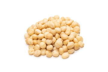 Macadamia nuts isolated on white background.