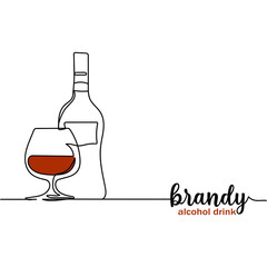 Continuous one line of brandy in silhouette. Minimal style. Perfect for cards, party invitations, posters, stickers, clothing. Black abstract icon. Alcohol drink concept