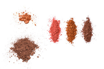 Makeup cosmetics. Eyeshadow in brown color crushed palette, colorful eye shadow powder on white background