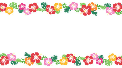 ハイビスカスの花のライン_フレーム_イラスト素材_16:9 © ふわぷか