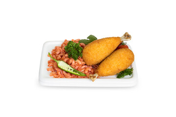 The Kiev's cutlets with pasta, some greens and chilli pepperr on white plate. White background, isolated, copy space.