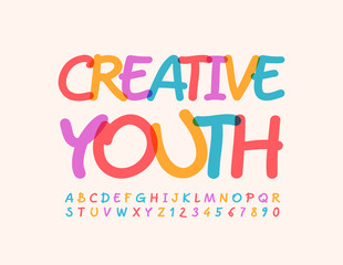 Vector bright banner Creative Youth. Creative set of Alphabet Letters and Numbers. Handwritten colorful Font