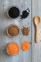 Red, black, brown seeds of dry lentils and spoon
