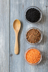 Red, black, brown seeds of dry lentils and spoon