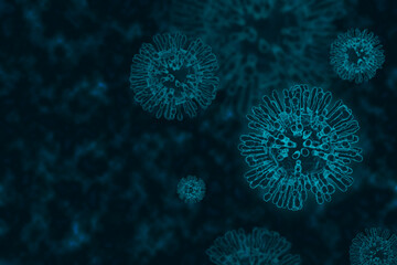 Coronavirus covid-19 under the microscope view of floating virus cells. Science epidemic infection concept. 3D rendered illustration.