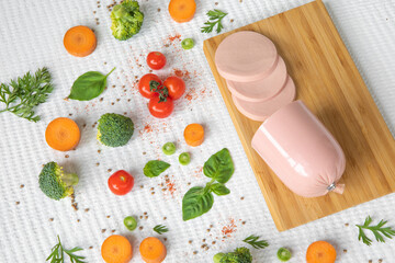 Sausage silices on wooden cutting board with vegetables and greens on white textured vintage background, copy space.