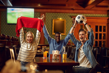 Football fans watching game translation in bar
