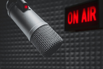 Professional microphone in radio station studio
