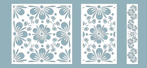 Set panel flowers leaves for registration of the decorative surfaces. Abstract strips, flowers, panels. Vector illustration of a laser cutting. Plotter cutting and screen printing
