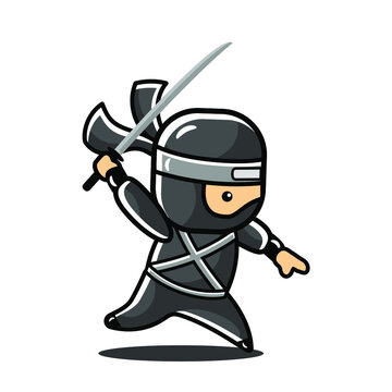 little cartoon black ninja ready to throw a sword