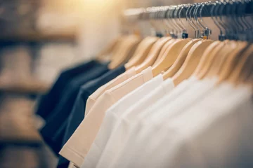Fotobehang T-shirts on hangers. Shopping in store. Clothes on hangers in shop for sale © Azaliya (Elya Vatel)
