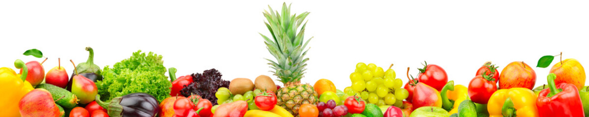 Fresh fruits and vegetables with big pineapple isolated on white