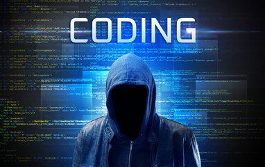 Faceless hacker on code background