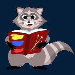 raccoon at school reads a book. education and knowledge