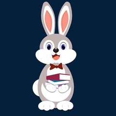 rabbit stands at school with books in its paws. school and teaching, education