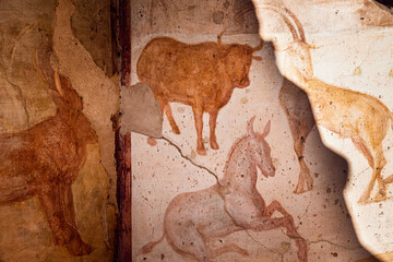 Pompeii, Italy. Ancient Frescoes In Wall Of Old House