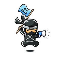 Cartoon little ninja doing bussines to promote sale, big sale and shopping