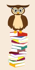 owl with glasses sits on books. school, wisdom