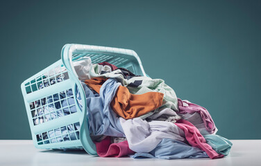 Heap of dirty clothes and laundry basket - obrazy, fototapety, plakaty