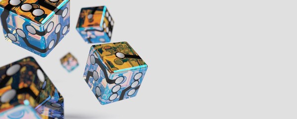 3d render Cyberpunk flying dice on a white background	