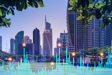Panoramic view of steel and glass skyscrapers of Dubai Marina. Modern cityscape of the capital of the UAE. Financial services hub. FOREX graph and chart concept. Double exposure.
