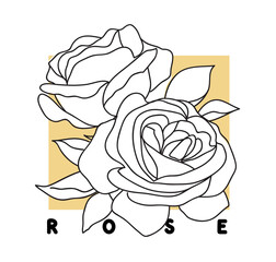 Decorative garden vintage rose with text. Female summer print, t-shirt design. Line art. Hand drawn beautiful flowers. Vector stock illustration.