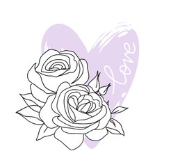 Decorative english garden vintage rose with text and heart shape. Female summer print, t-shirt design. Line art. Hand drawn beautiful flowers. Vector stock illustration.