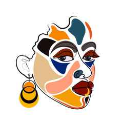 Face Surreal Minimalistic modern style female beauty portrait. Print poster Black contour lines and colored spots. Abstract face of an African American woman.