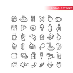 Fast food, drink and groceries line vector icon set. Eggs, bacon, burger fries outline symbols, editable stroke.