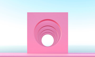 Blue sky and pink arch with copy space. Pastel pink color background. 80s 70s 60s vibe - 3d rendering. Architectural construction for bright summer advertisement