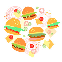 Various burgers, onion rings, slices of cheese, tomatoes, cucumbers, olives. Bright flat vector