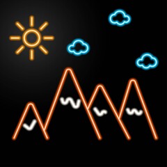 Mountain silhouette neon sign, modern glowing banner design, colorful trend of modern design on black background. Vector illustration.