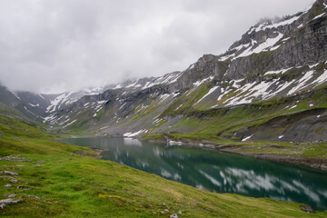 Fototapeta na wymiar Beautiful swiss alps in summer with Glattalp lake.